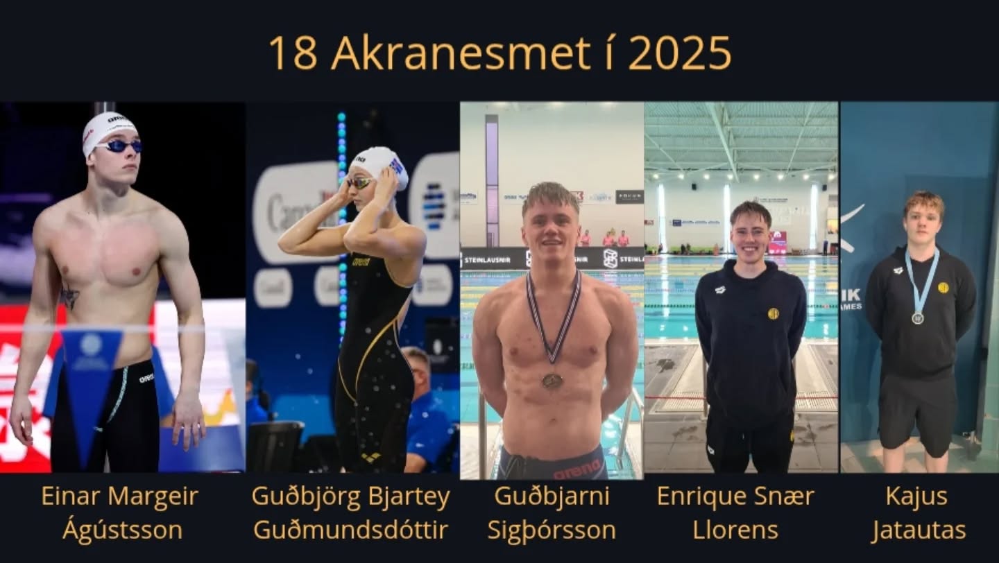 Kan være et bilde av svømmer og tekst som sier '18 Akranesmet í 2025 SAme STENLAUSNR 出 STEI GNS IK LMES Einar Margeir Ágústsson Guốbjörg Bjartey Guỗmundsdóttir Guốbjarni Sigpórsson Enrique Snaer Llorens Kajus Jatautas'